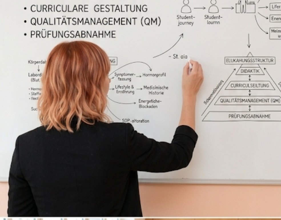 Person mit blondem Haar zeigt auf Whiteboard mit Diagramm zu Curricularer Gestaltung, Qualitätsmanagement und Prüfungsabnahme.